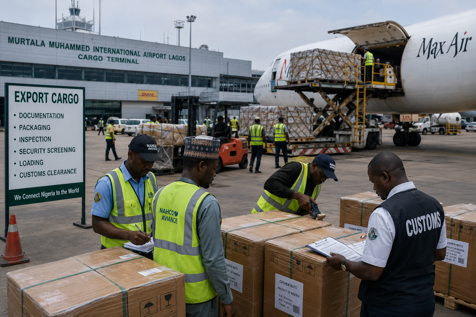 Agricultural export cargo being inspected and loaded for air freight at a Lagos cargo terminal