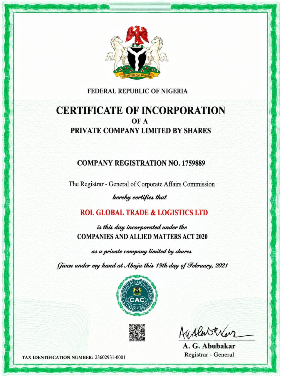 Certificate of Incorporation for ROL Global Trade and Logistics Ltd