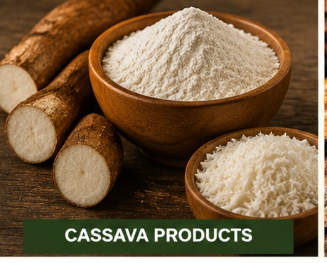 Fresh cassava roots beside a bowl of fine cassava flour in a clean agricultural setting.