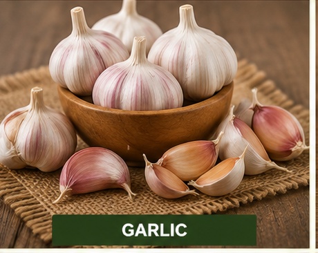 Clean whole garlic bulbs arranged in a natural woven basket on a cream background.