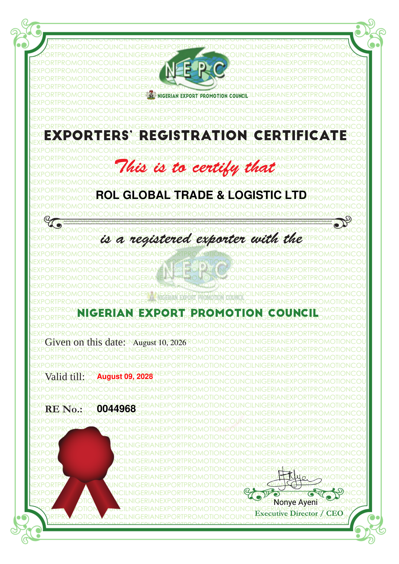 NEPC Exporters Registration Certificate for ROL Global Trade and Logistic Ltd
