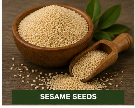 Clean white sesame seeds in an open jute sack and wooden bowl.