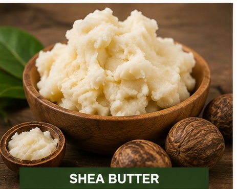 Natural ivory-colored shea butter in a wooden bowl surrounded by shea nuts.